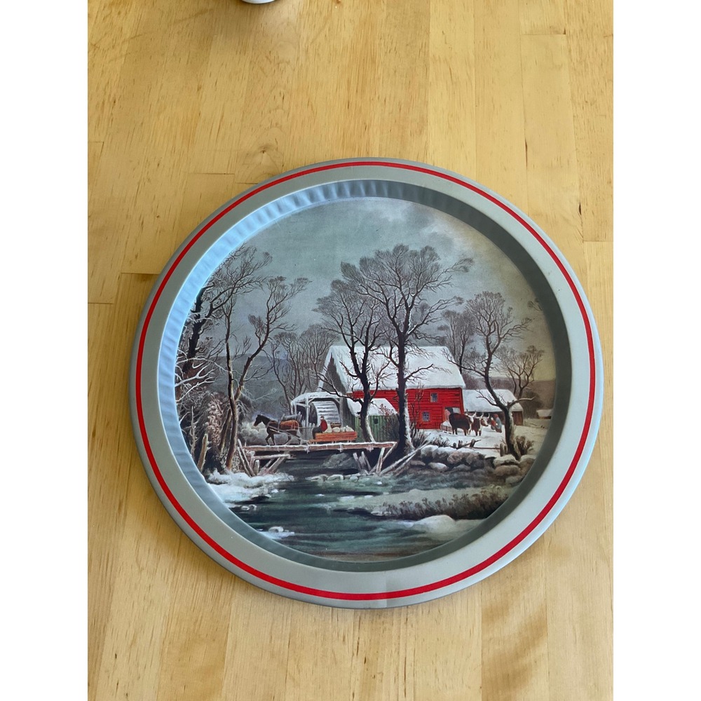 Vintage Currier and Ives The Old Grist Mill Metal Serving Tray Winter Scene 13in